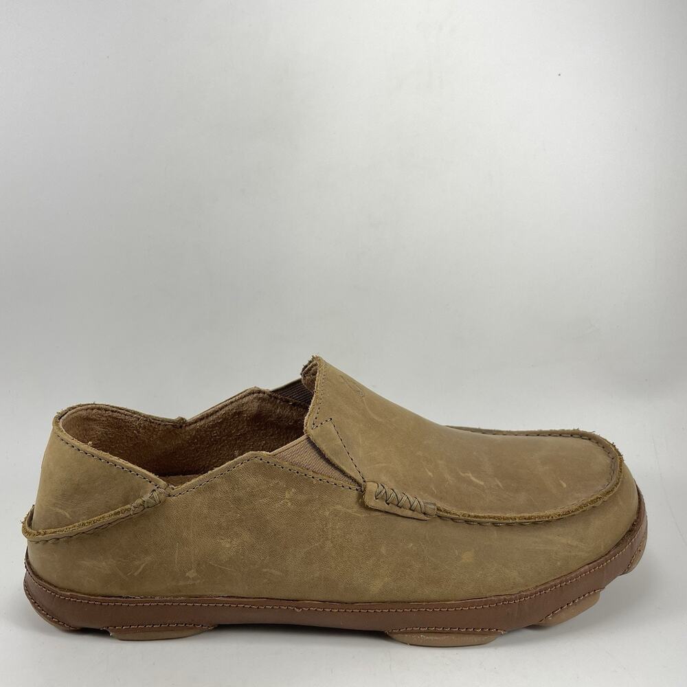 OluKai Moloa Leather Slip On Loafers Mens Size 10.5 Tan Brown Driving Shoes